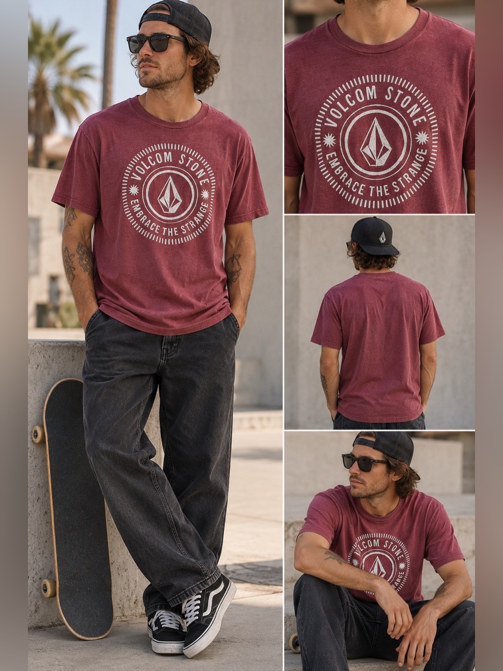 Volcom Men's Vintage Burgundy Graphic Stone Logo Tee